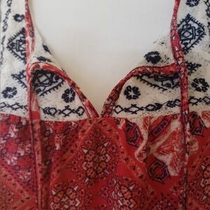 Rewind Rust Red and White Boho Patchwork Lace-Trim Camisole